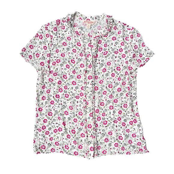 Brooks Brothers Red Fleece Floral White Pink Short Sleeve Flowy Blouse - Size 6 - Picture 1 of 11